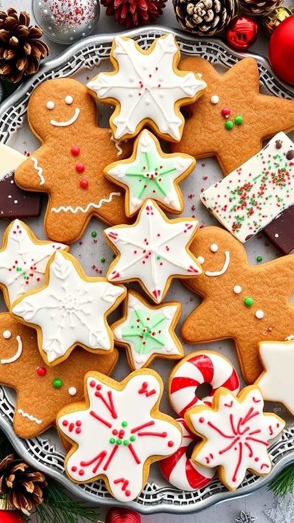 Festive Christmas Baking Recipes A variety of decorated Christmas cookies on a platter, including gingerbread and peppermint bark, with holiday decorations.